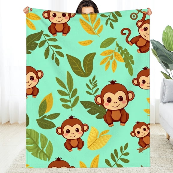 RKSupls Cute Monkey Pattern Jungle Soft Flannel Throw Blanket, Lightweight Fuzzy Warm Cozy Blanket for Couch Bed Home Travel Decor