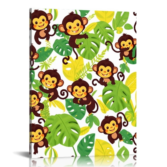 RKSupls Cute Monkey Tropical Leaves Canvas Wall Art, Canvas Prints Wall Art for Living Room Bedroom Entryway Office, Art Print Painting for Home Decor