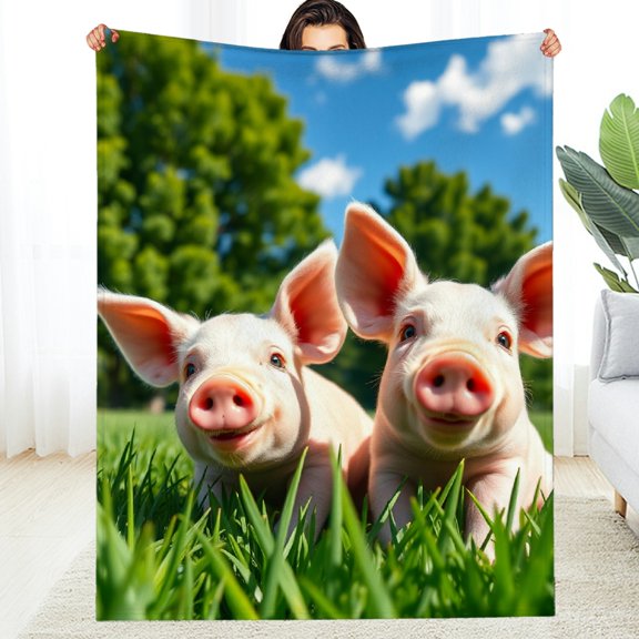 RKSupls Cute Piglets Grass Soft Flannel Throw Blanket, Lightweight Fuzzy Warm Cozy Blanket for Couch Bed Home Travel Decor