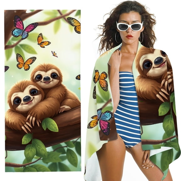 RKSupls Cute Sloth Butterfly Tree Microfiber Beach Towel, Extra Large Quick Dry Lightweight Absorbent Towel for Travel Swimming Camping, Soft Super Absorbent- 30x60 in