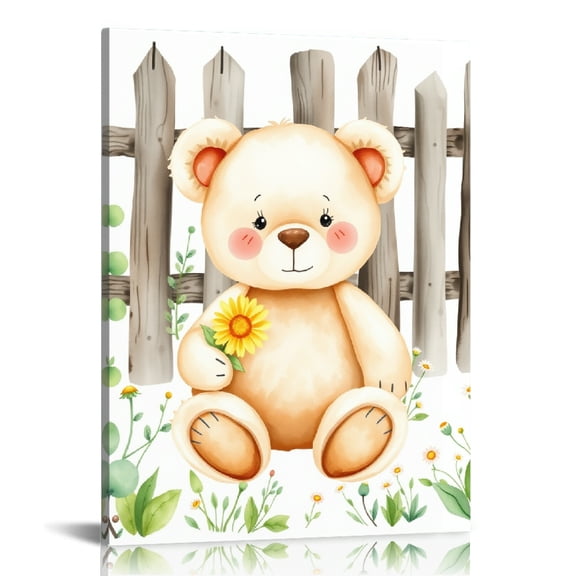 RKSupls Cute Teddy Bear Daisy Fence Canvas Wall Art, Canvas Prints Wall Art for Living Room Bedroom Entryway Office, Art Print Painting for Home Decor,12x16in