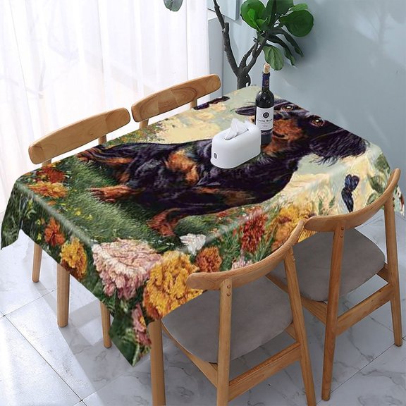 RKSupls Dachshund Flowers Butterflies Rectangle Dining Tablecloth, Washable Wipeable Stain & Wrinkle Resistant Polyester Tablecloth for Kitchen Picnic Party