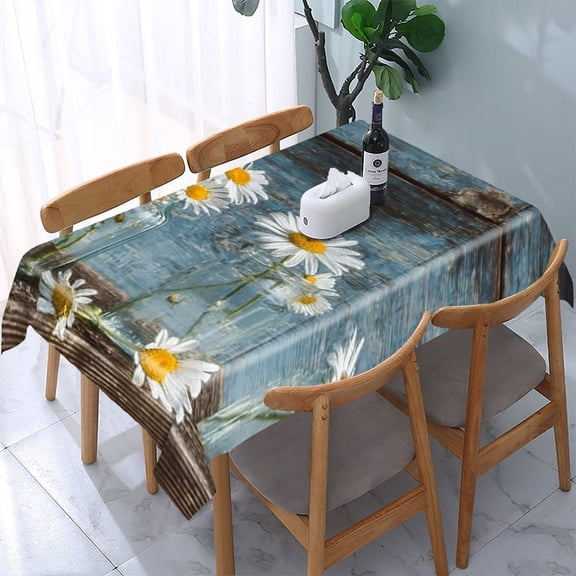RKSupls Daisies Jars Wood Rectangle Dining Tablecloth, Washable Wipeable Stain & Wrinkle Resistant Polyester Tablecloth for Kitchen Picnic Party