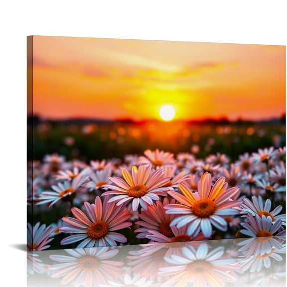 RKSupls Daisy Field Sunset Canvas Wall Art, Warm Golden Hour Wall Decor Print, Modern Artwork for Living Room Bedroom Office Home Decor,16x12in