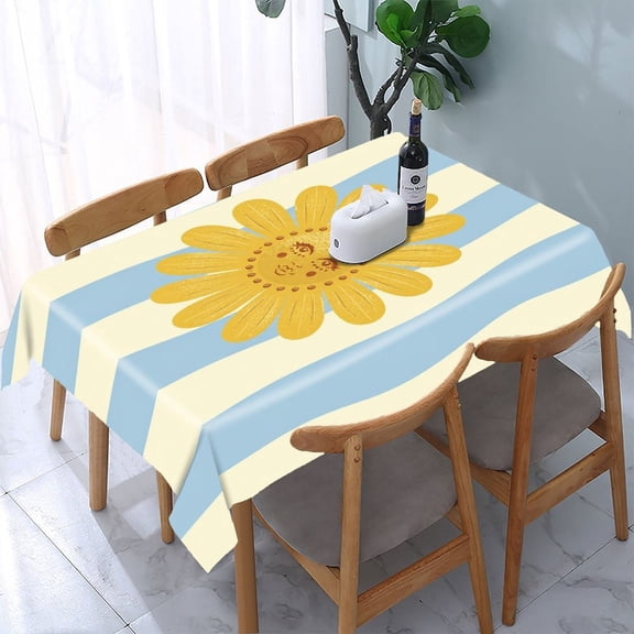 RKSupls Daisy Flower Face Stripes Rectangle Dining Tablecloth, Washable Wipeable Stain & Wrinkle Resistant Polyester Tablecloth for Kitchen Picnic Party