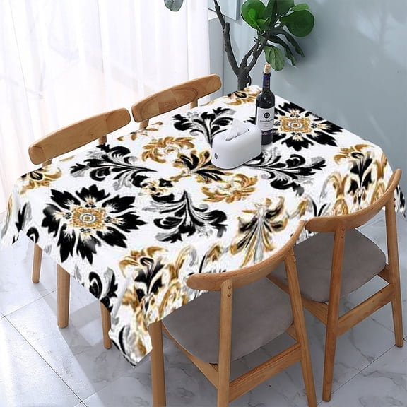RKSupls Damask Pattern Gold Rectangle Dining Tablecloth, Washable Wipeable Stain & Wrinkle Resistant Polyester Tablecloth for Kitchen Picnic Party