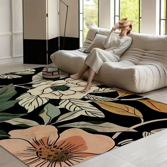 RKSupls Dark Floral Bees Linework  Soft Fluffy Velvet Area Rug   for Living Room Bedroom, Non-Slip Washable Carpet, Modern Minimalist Home Decor Floor Mat