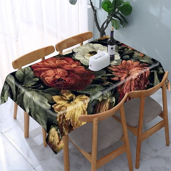 RKSupls Dark Flowers Bouquet Rectangle Dining Tablecloth, Washable Wipeable Stain & Wrinkle Resistant Polyester Tablecloth for Kitchen Picnic Party
