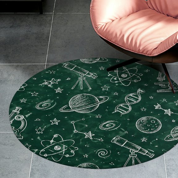 RKSupls Dark Green Space Science Doodles  Round Flannel Floor Mat, Soft Non-Slip Washable Rug  suitable for Living Room Bedroom Nursery, Decorative Floor Rug