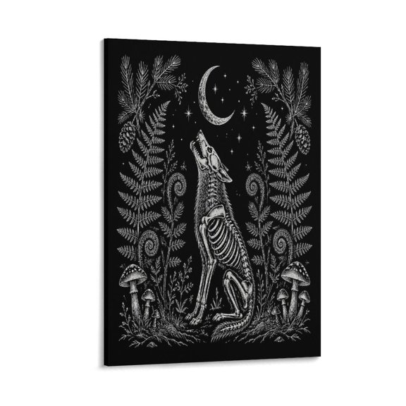 RKSupls Dark Wolf Skeleton Howling Moon Canvas Wall Art Framed Painting, Modern Home Decor Print for Living Room Bedroom Office Wall Decoration
