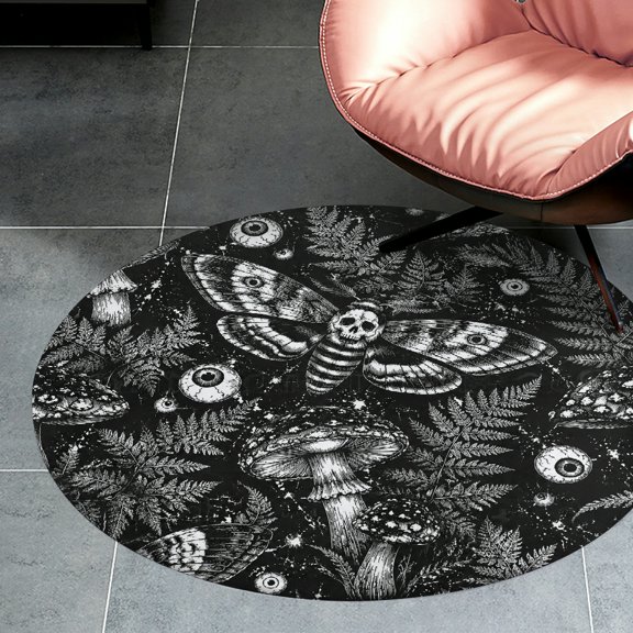 RKSupls Death Moth Mushroom Fern Gothic Pattern Round Flannel Floor Mat, Soft Non-Slip Washable Rug suitable for Living Room Bedroom Study, Decorative Floor Rug