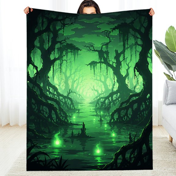 RKSupls Decorative Blanket, Swamp Forest Green Mist Scene All-Season Blanket - Napping Soft Soft Throw for Couch, Travel, Camping