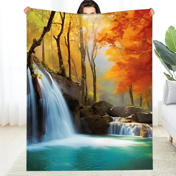 RKSupls Decorative Blanket, Waterfall Forest Fall Colors Autumn Fuzzy Bedding for the Couch - Cozy Allergy Soft Throw for Couch, Travel, Camping Home Decor