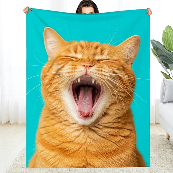 RKSupls Decorative Blanket, Yawning Ginger Cat On Turquoise All-Season Blanket - Allergy Warm Soft Throw for Couch, Travel, Camping
