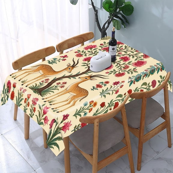 RKSupls Deer Flower Forest Pattern Rectangle Dining Tablecloth, Washable Wipeable Stain & Wrinkle Resistant Polyester Tablecloth for Kitchen Picnic Party