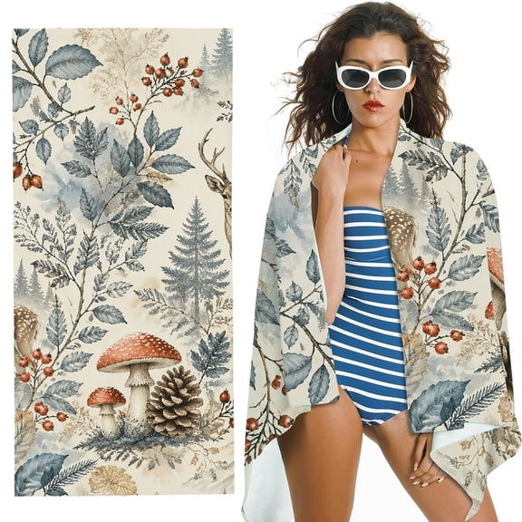 RKSupls Deer Mushroom Forest Pattern Oversized Microfiber Beach Towel - Machine Washable, for Bathroom, beach, Soft Super Absorbent- 30x60 in