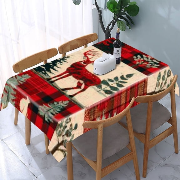 RKSupls Deer Plaid Christmas Patchwork Rectangle Dining Tablecloth, Washable Wipeable Stain & Wrinkle Resistant Polyester Tablecloth for Kitchen Picnic Party