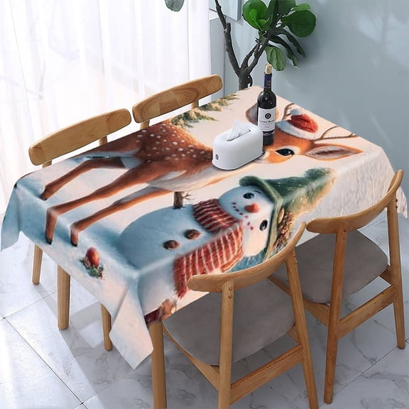 RKSupls Deer Snowman Christmas Rectangle Dining Tablecloth, Washable Wipeable Stain & Wrinkle Resistant Polyester Tablecloth for Kitchen Picnic Party