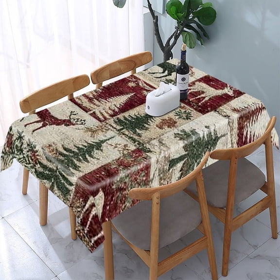 RKSupls Deer Trees Christmas Patchwork Rectangle Dining Tablecloth, Washable Wipeable Stain & Wrinkle Resistant Polyester Tablecloth for Kitchen Picnic Party