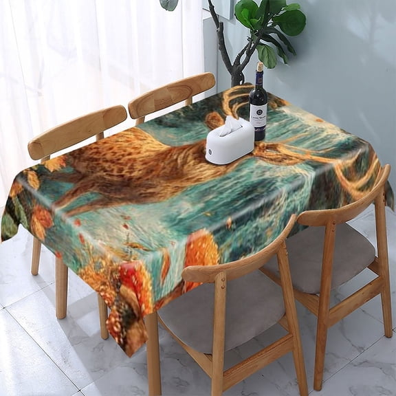 RKSupls Deer Waterfall Mushrooms Rectangle Dining Tablecloth, Washable Wipeable Stain & Wrinkle Resistant Polyester Tablecloth for Kitchen Picnic Party