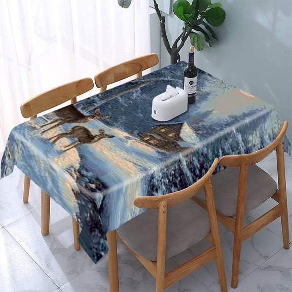 RKSupls Deer Winter Cabin Rectangle Dining Tablecloth, Washable Wipeable Stain & Wrinkle Resistant Polyester Tablecloth for Kitchen Picnic Party