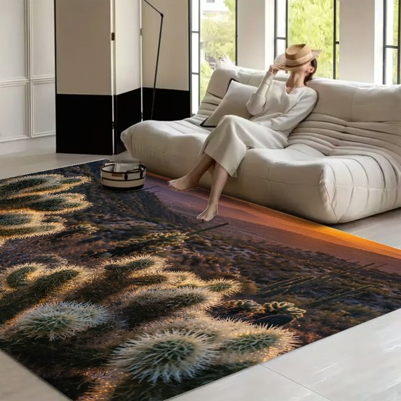RKSupls Desert Cactus Mountain Sunset Glow Soft Fluffy Velvet Area Rug for Living Room Bedroom, Non-Slip Washable Carpet, Modern Minimalist Home Decor Floor Mat