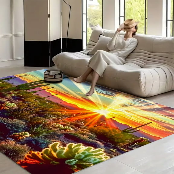 RKSupls Desert Sunset Cactus  Soft Fluffy Velvet Area Rug   for Living Room Bedroom, Non-Slip Washable Carpet, Modern Minimalist Home Decor Floor Mat