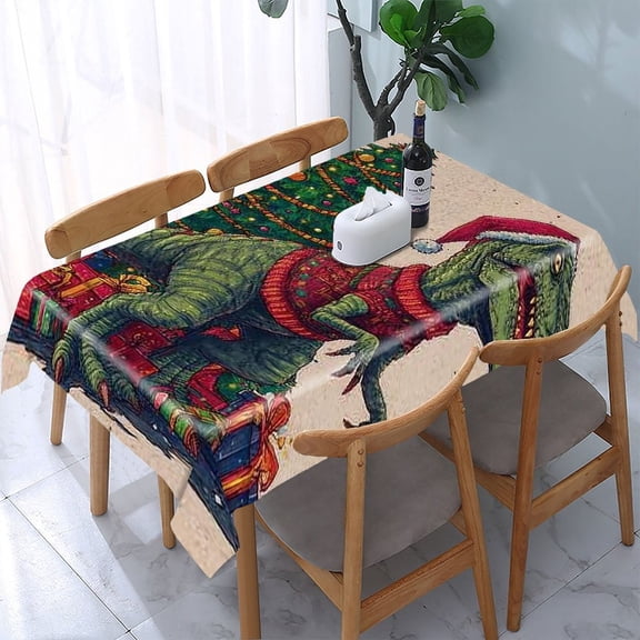 RKSupls Dinosaur Christmas Tree Rectangle Dining Tablecloth, Washable Wipeable Stain & Wrinkle Resistant Polyester Tablecloth for Kitchen Picnic Party