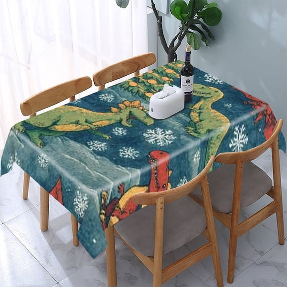 RKSupls Dinosaur Christmas Tree Snow Rectangle Dining Tablecloth, Washable Wipeable Stain & Wrinkle Resistant Polyester Tablecloth for Kitchen Picnic Party