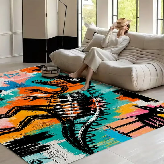 RKSupls Dinosaur Graffiti Street Art Soft Fluffy Velvet Area Rug for Living Room Bedroom, Non-Slip Washable Carpet, Modern Minimalist Home Decor Floor Mat