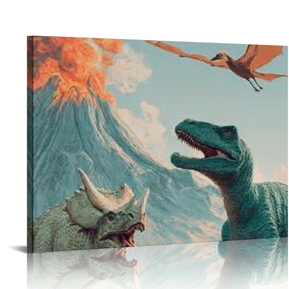 RKSupls Dinosaur Volcano Scene Canvas Wall Art, Prehistoric Adventure Wall Decor Print, Modern Artwork for Living Room Bedroom Office Home Decor
