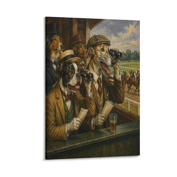 RKSupls Dogs Watching Horse Race Vintage Oil Painting Canvas Wall Art Framed Painting, Modern Home Decor Print for Living Room Bedroom Office Wall Decoration