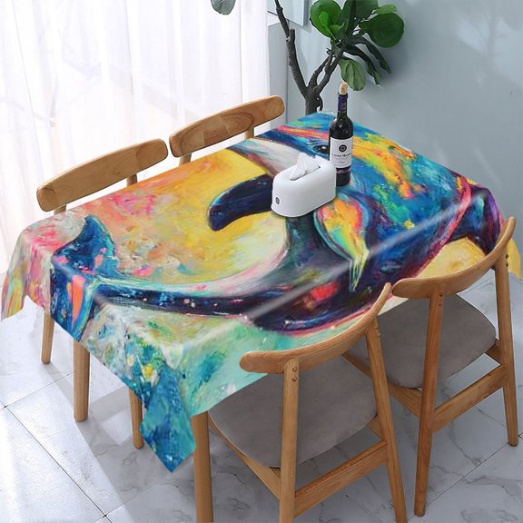 RKSupls Dolphin Colorful Splash Rectangle Dining Tablecloth, Washable Wipeable Stain & Wrinkle Resistant Polyester Tablecloth for Kitchen Picnic Party