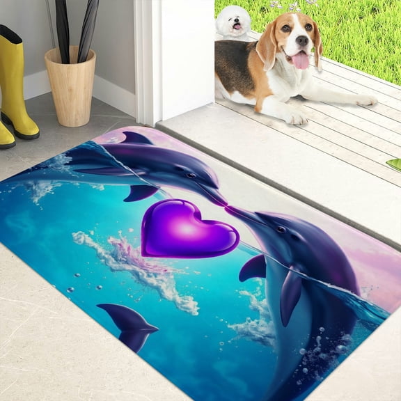 RKSupls Dolphin Heart Ocean Flannel Floor Mat with Anti-Skid Backing Non-Slip Absorbent Machine Washable Indoor Rug for Bathroom Kitchen Entryway, 40*60cm