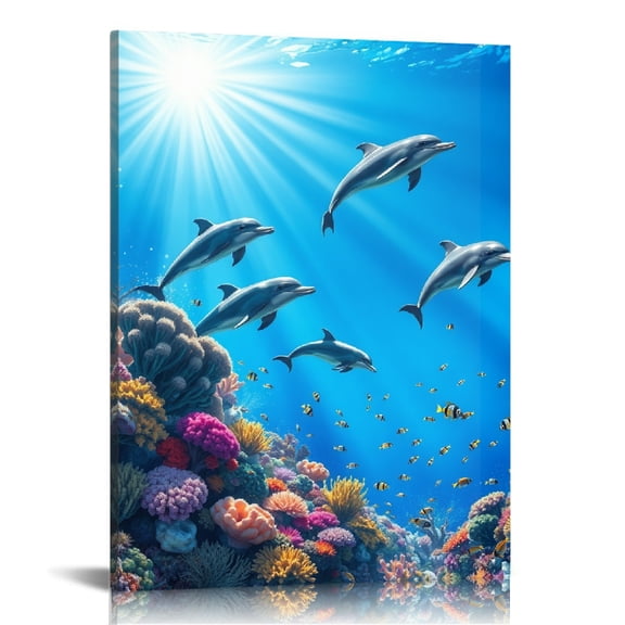 RKSupls Dolphins Coral Reef Underwater Canvas Wall Art, Canvas Prints Wall Art for Living Room Bedroom Entryway Office, Art Print Painting for Home Decor