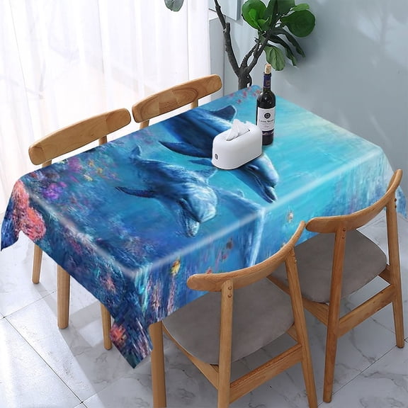 RKSupls Dolphins Underwater Coral Rectangle Dining Tablecloth, Washable Wipeable Stain & Wrinkle Resistant Polyester Tablecloth for Kitchen Picnic Party