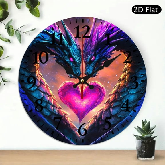 RKSupls Dragon Heart Round Wooden Wall Clock for Home Decor, Ideal for Living Room, Kitchen, Dorm, Practical Everyday Gifts