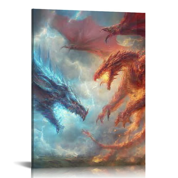 RKSupls Dragon in Water Fire Canvas Wall Art, Canvas Prints Wall Art for Living Room Bedroom Stairway Office, Art Print Painting for New Year Home Decorations,16x20in