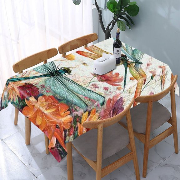 RKSupls Dragonflies Flowers Colorful Rectangle Dining Tablecloth, Washable Wipeable Stain & Wrinkle Resistant Polyester Tablecloth for Kitchen Picnic Party