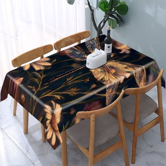 RKSupls Dragonfly Daisies Night Rectangle Dining Tablecloth, Washable Wipeable Stain & Wrinkle Resistant Polyester Tablecloth for Kitchen Picnic Party