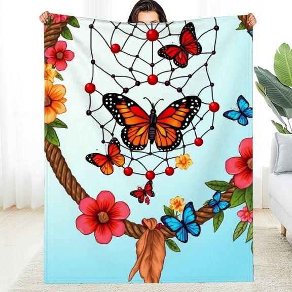 RKSupls Dreamcatcher Butterfly Floral Soft Flannel Throw Blanket, Lightweight Fuzzy Warm Cozy Blanket for Couch Bed Home Travel Decor