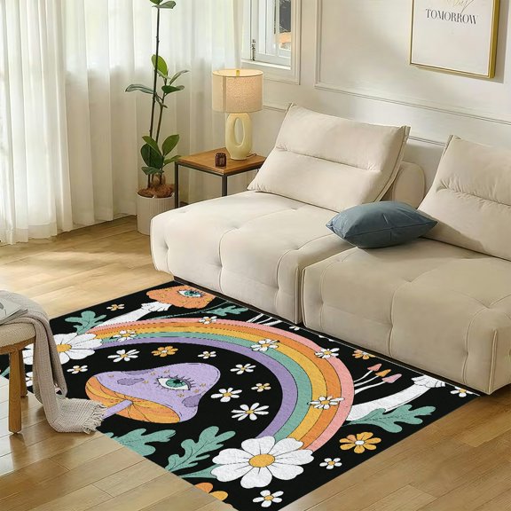RKSupls Dreamy Mushroom Rainbow Bloom Soft Flannel Area Rug 71x47 Inch, Non-Slip Floor Mat for Living Room Bedroom, Warm Fuzzy Carpet for Winter Holiday Decor