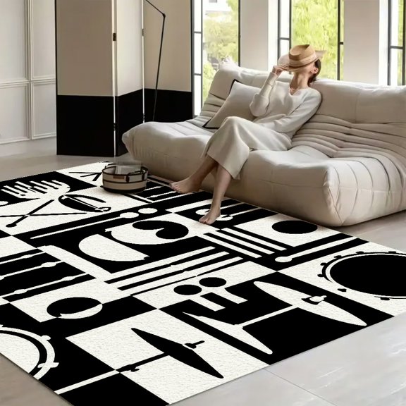 RKSupls Drum Kit Percussion Checkerboard Black White Soft Fluffy Velvet Area Rug for Living Room Bedroom, Non-Slip Washable Carpet, Modern Minimalist Home Decor Floor Mat