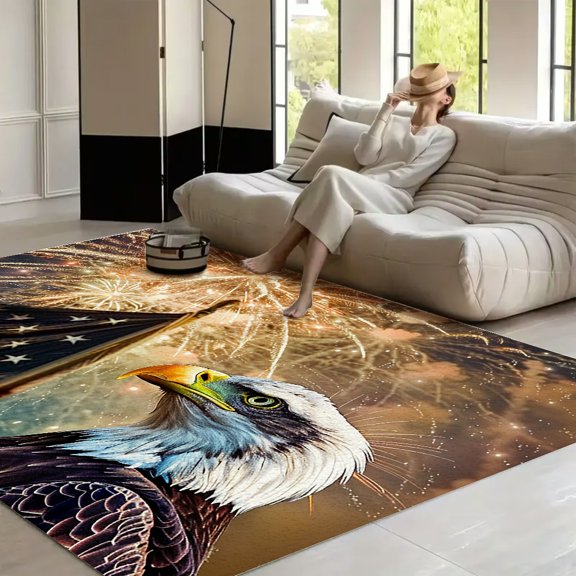 RKSupls Eagle and Flag with Golden Fireworks Display  Soft Fluffy Velvet Area Rug   for Living Room Bedroom, Non-Slip Washable Carpet, Modern Minimalist Home Decor Floor Mat