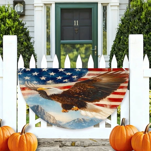 RKSupls Eagle Flying Mountains Flag Sky Patriotic Half Round American Flag Banner 1776-2026, USA Independence Day Fence Porch Hanging Decor