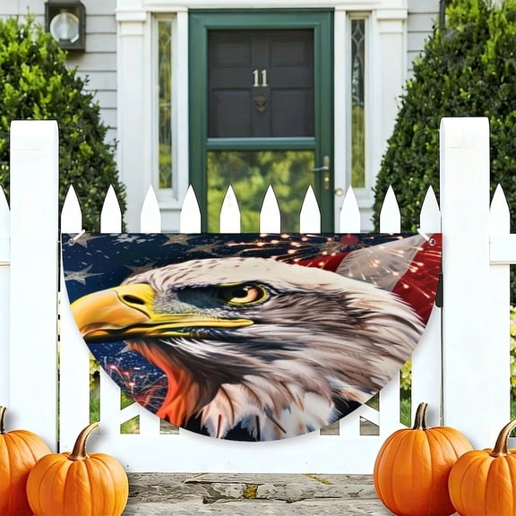 RKSupls Eagle Head with Fireworks in Night Sky Patriotic Half Round American Flag Banner 1776-2026, USA Independence Day Fence Porch Hanging Decor