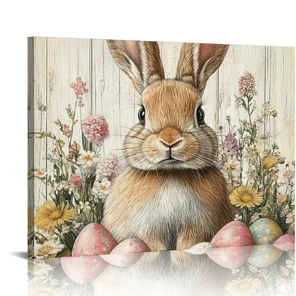 RKSupls Easter Bunny Eggs Canvas Wall Art, Rustic Spring Floral Wall Decor Print, Modern Artwork for Living Room Bedroom Office Home Decor