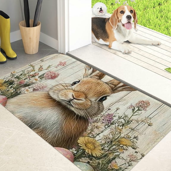 RKSupls Easter Bunny Eggs Flannel Floor Mat with Anti-Skid Backing Non-Slip Absorbent Machine Washable Indoor Rug for Bathroom Kitchen Entryway, 40*60cm
