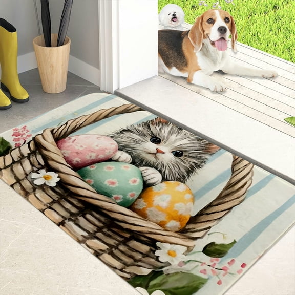 RKSupls Easter Cat Print Flannel Floor Mat with Anti-Skid Backing Non-Slip Absorbent Machine Washable Indoor Rug for Bathroom Kitchen Entryway, 40*60cm