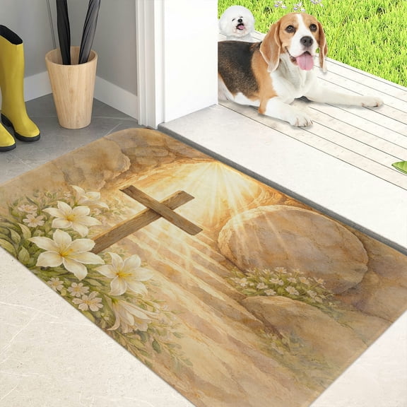 RKSupls Easter Empty Tomb Cross Lily Flannel Floor Mat with Anti-Skid Backing Non-Slip Absorbent Machine Washable Indoor Rug for Bathroom Kitchen Entryway, 45x152cm